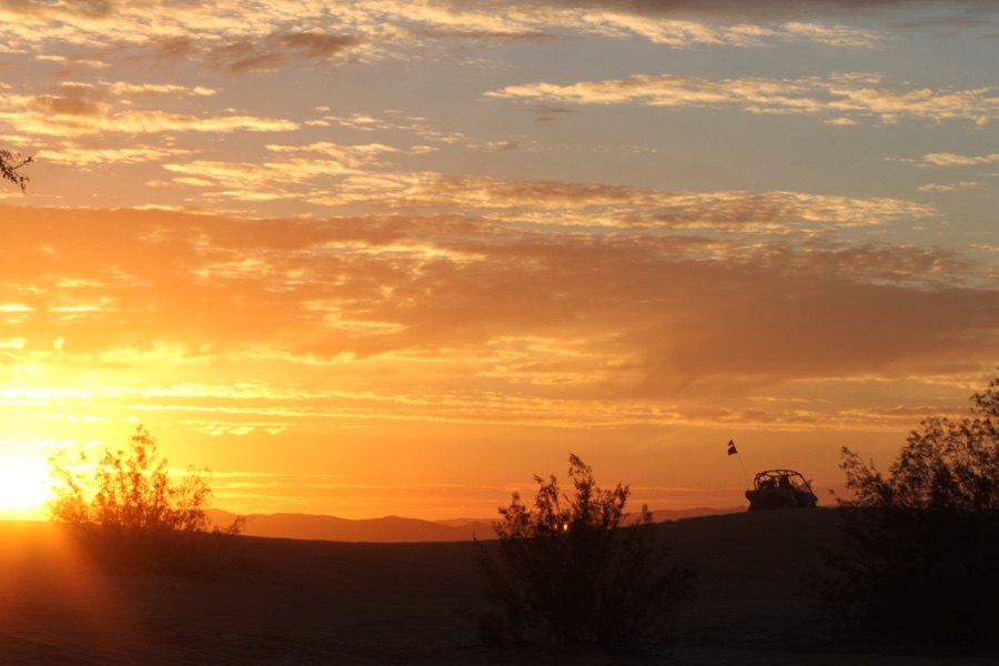 Side-by-side buggy silhouetted against a golden sunset sky